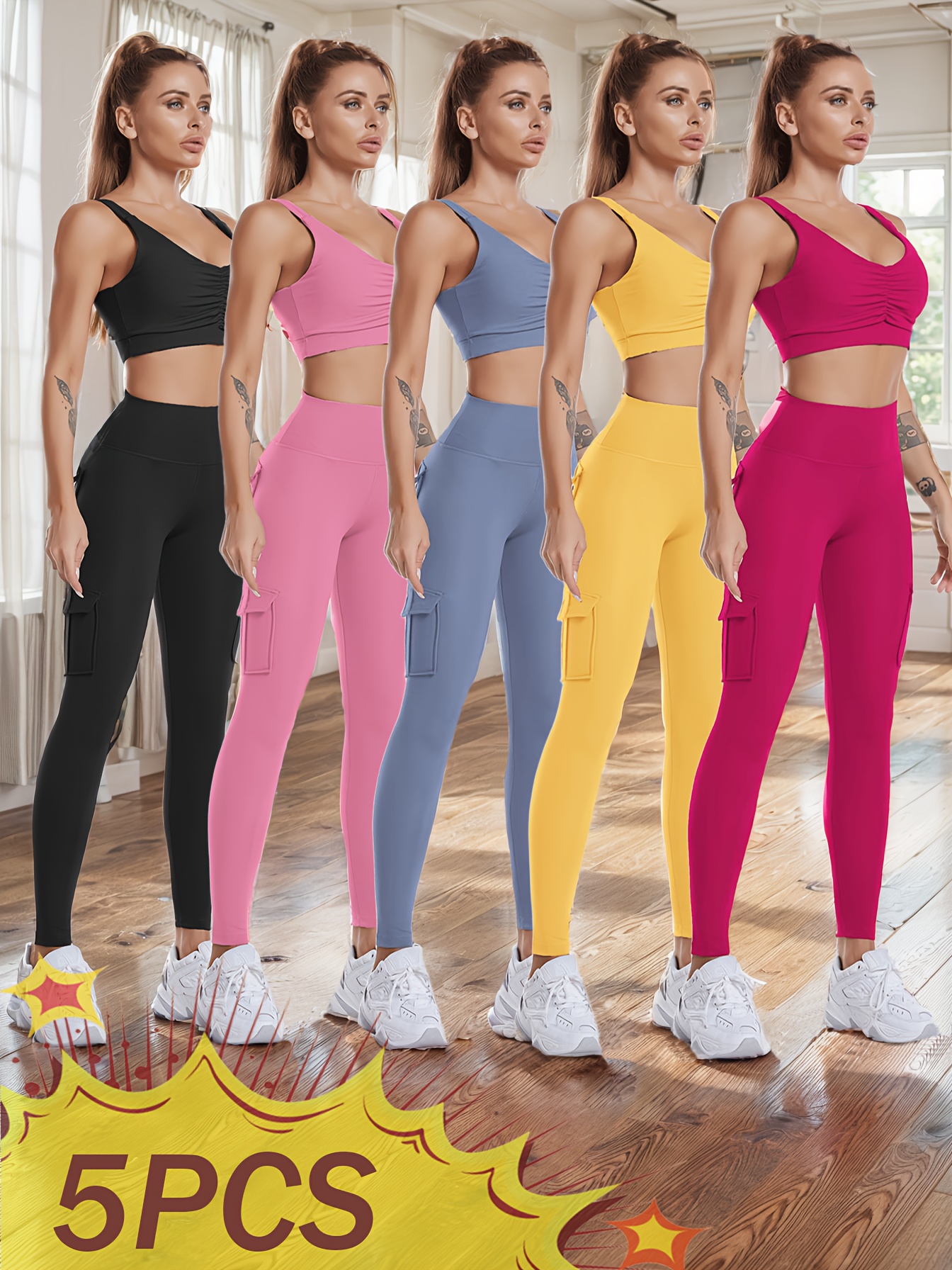 5pcs High Waist Yoga Leggings with 4 Pockets, Multipack Butt Lifting Tummy Control Workout Running 4 Way Stretch Cargo Sports Pants, 5pcs Leggings Set - Image 7