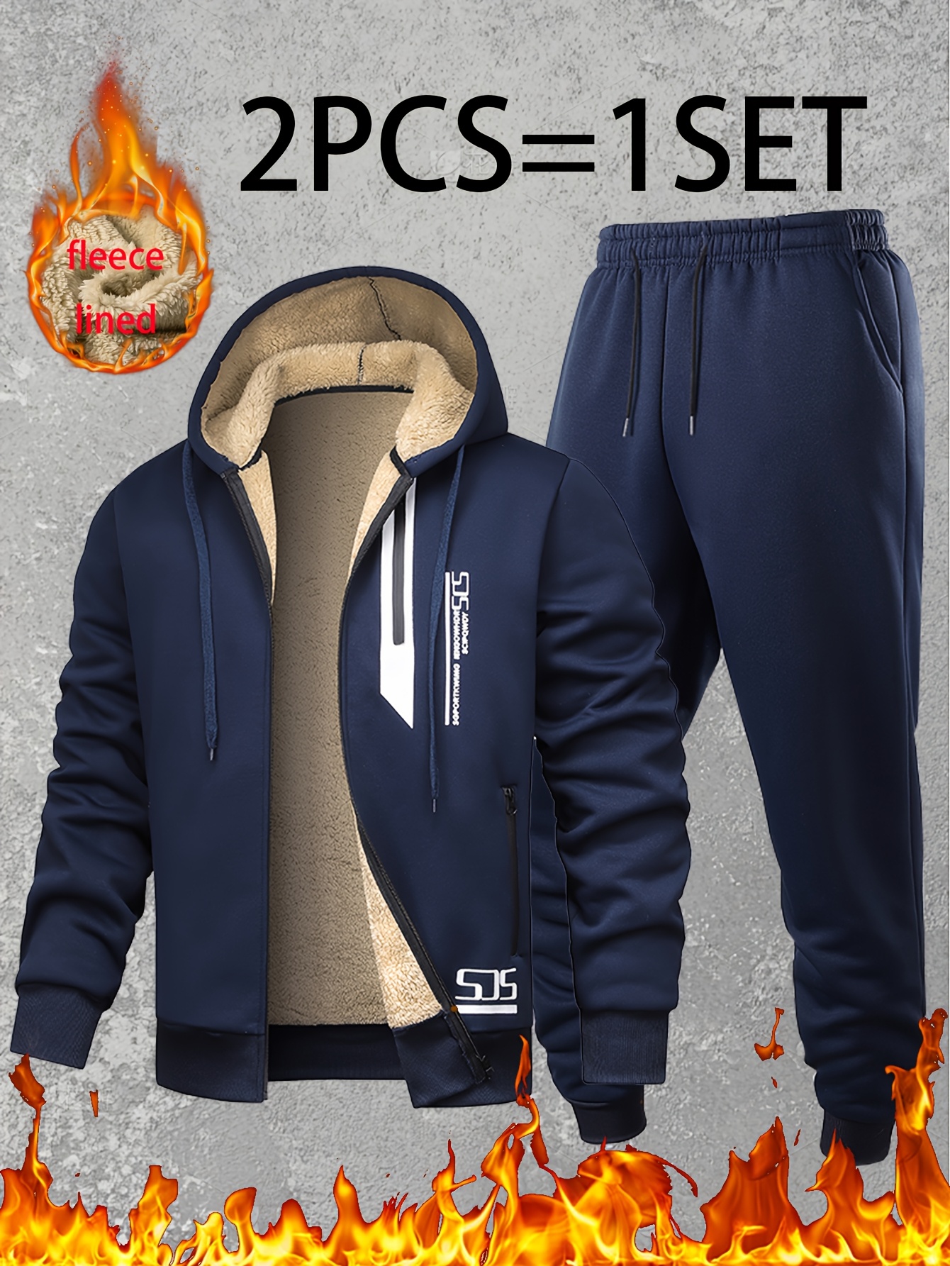 2-Piece Men's Hooded Tracksuit with Drawstring Joggers, Soft Plush Warm Sportswear, Winter Warm Set, Zip-Up Hooded Jacket and Cuffed Joggers, Light Beige-Friendly Soft Fabric, for Home Leisure, Sports, Shopping, Full-Zip Hoodie and Matching Joggers - Image 6