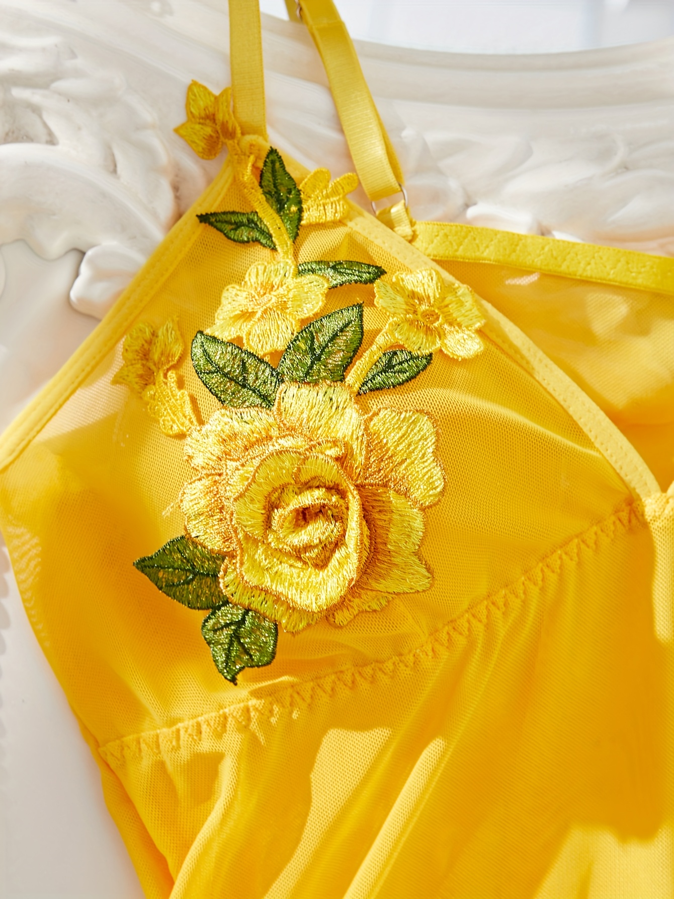 Women'S Bright Yellow 3D Rose-Embellished Camisole Nightgown - Deep V Open Back Lingerie Dress with Sheer Tulle Skirt, Thin Strap French-Inspired Luxury Sleepwear for Intimate Occasions, Special Occasions & Themed Events - Elegant & Alluring Elegant - Image 3