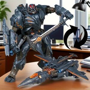 [Transformable Mecha Model] Transformable Mecha Model Aircraft | High-Detail Collectible Action Figure with Sword & Rifle Accessories, Metallic Gray-Orange Accents, Poseable Mecha Statue for Home Decor, Birthday Party Gift, Exquisite Craftsmanship Art Collector 1pc