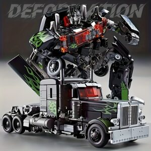 Transformers One-Piece Transformable Movie Theme, Optimus Prime Commander Robot Truck Model - Partial Alloy Black Green Decorative Design for Home/Play Decor