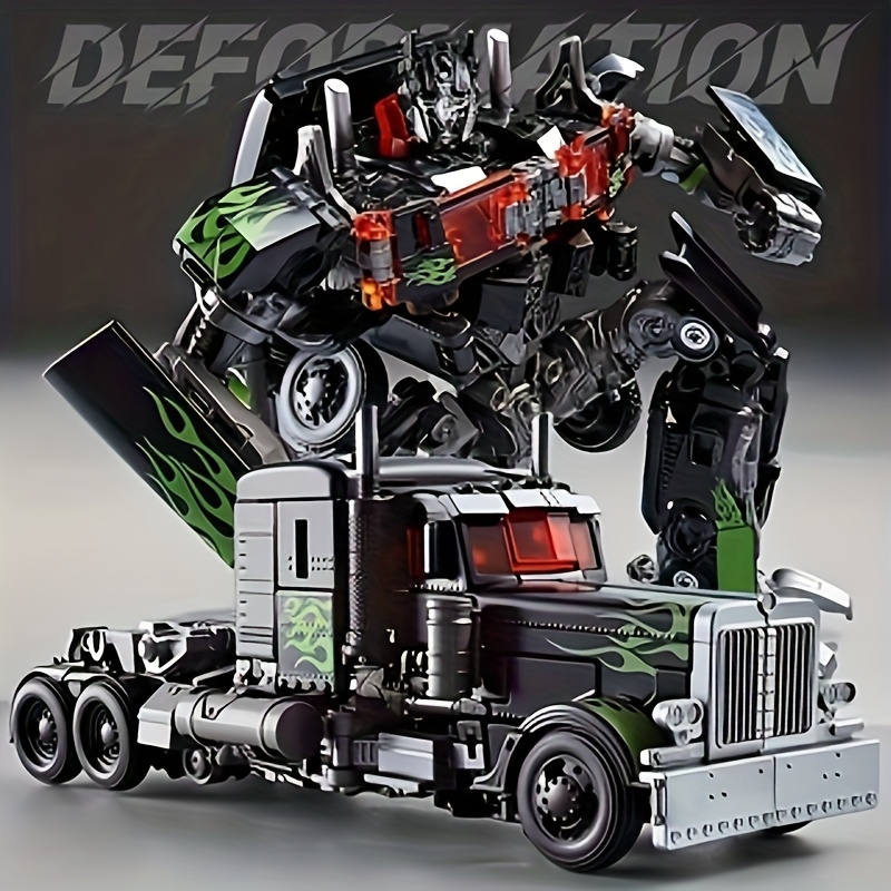 Transformers One-Piece Transformable Movie Theme, Optimus Prime Commander Robot Truck Model - Partial Alloy Black Green Decorative Design for Home/Play Decor