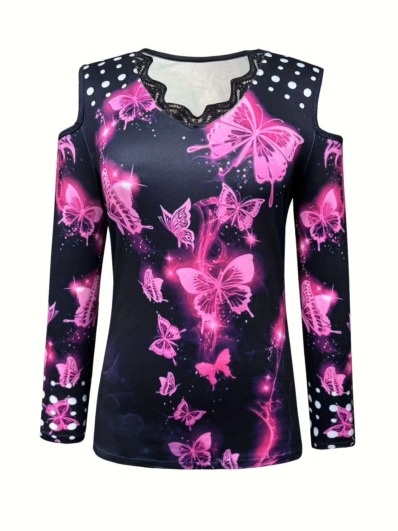 Vibrant Butterfly Print Long Sleeve Cold Shoulder T-Shirt - Soft, Breathable, Casual Wear for Spring and Fall - Women's Fashion Clothing for Everyday Comfort - Image 4