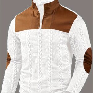 Men's Fashion Henley Shirt, Knitted Fabric, Color Block and Zipper Detail, Long Sleeve, Regular Fit, Autumn-Winter Casual - CLQWE
