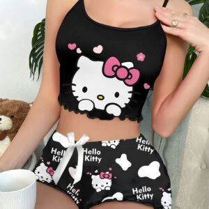 [Sanrio Hello Kitty Sleepwear] Sanrio Hello Kitty Women's Cartoon Pattern Sleepwear Set | Casual, Comfortable Summer Style - Perfect for Adult