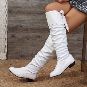 Elegant Women's Knee-High Boots with Bow Detail - Square Toe, Chunky, Lace-Up, Faux Cover & Rubber Sole, -lined for Warmth, Available In White, Black, Red Shoes And Closeout Shoes for Women Shoes Autumn & Winter Boots Women's Mid-Calf Boots Hot