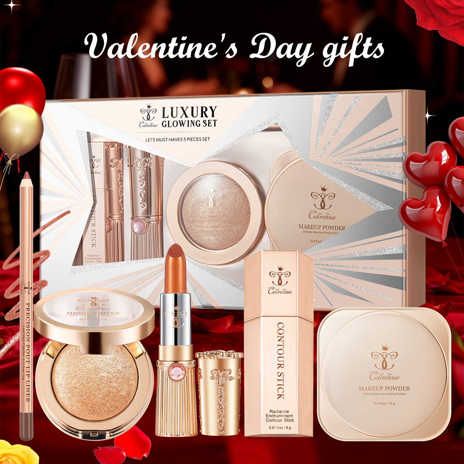 Makeup Five-Piece Set: Lip Gloss, Eyebrow Pencil, Shading Pen, Face Powder, Lip Liner-Perfect Makeup Essential-Suitable for Beginners And Professionals-Best Christmas/ Valentine's Day/ Anniversary Gifts