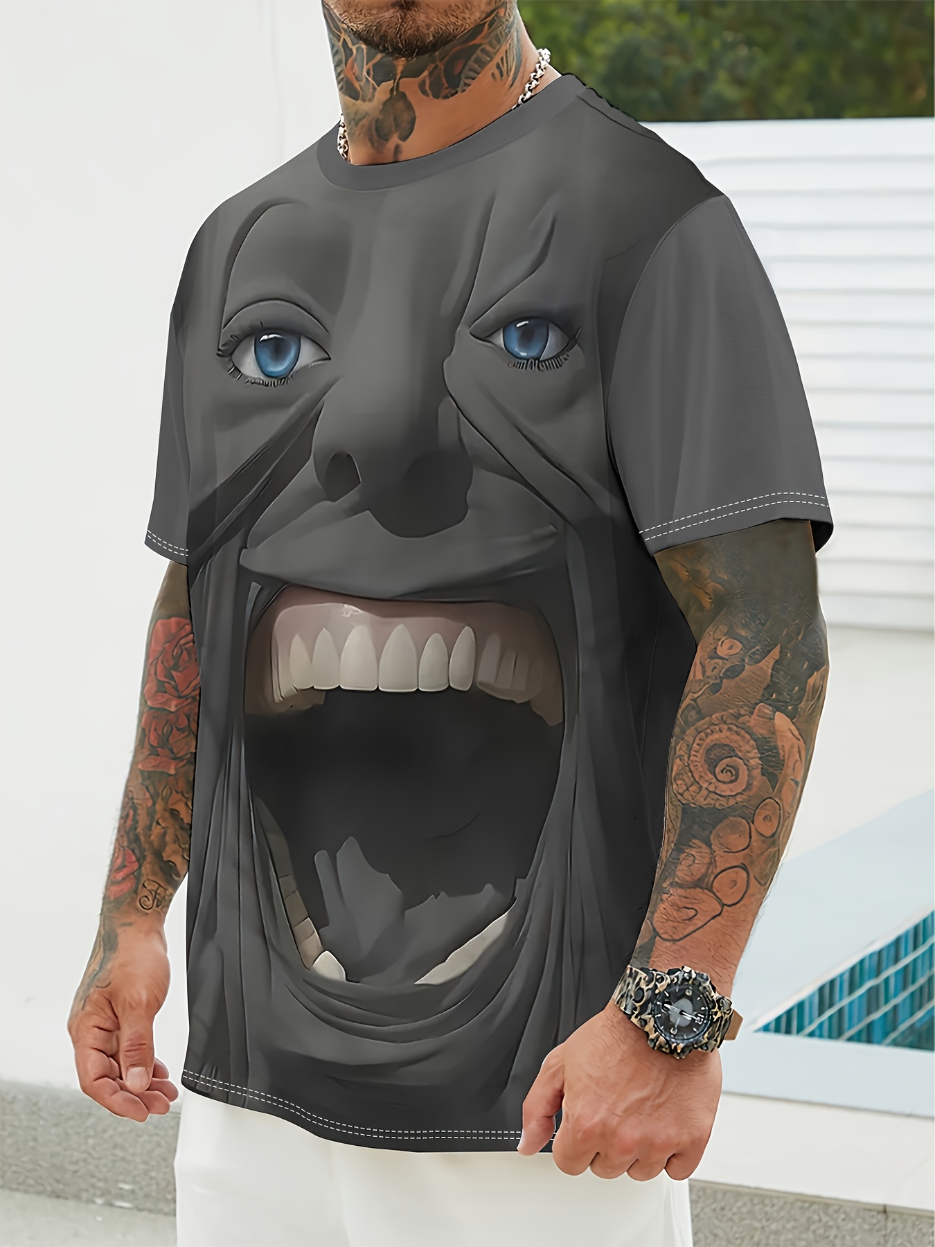 Men'S Graphic Tee - Summer Round Neck Short Sleeve Shirt, Casual Street Style, Lightweight Polyester, Striking Graphic Design, Everyday Wear | Bold Face Art | Lightweight Tee - Image 5