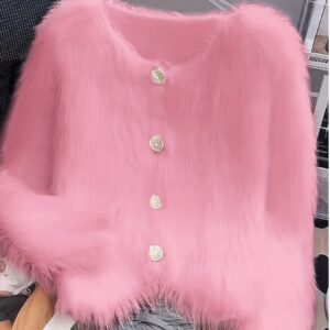 Women's Soft Fleece Jacket - Thick Winter Coat with Fox Fur-Like Collar (No Real Fur), Elegant Pink Button-Front Cardigan, Long Sleeve Round Neck Sweater for Fall/Winter, Casual to Formal Wear (Hand Wash/Dry Clean) - Faux Fur Outerwear