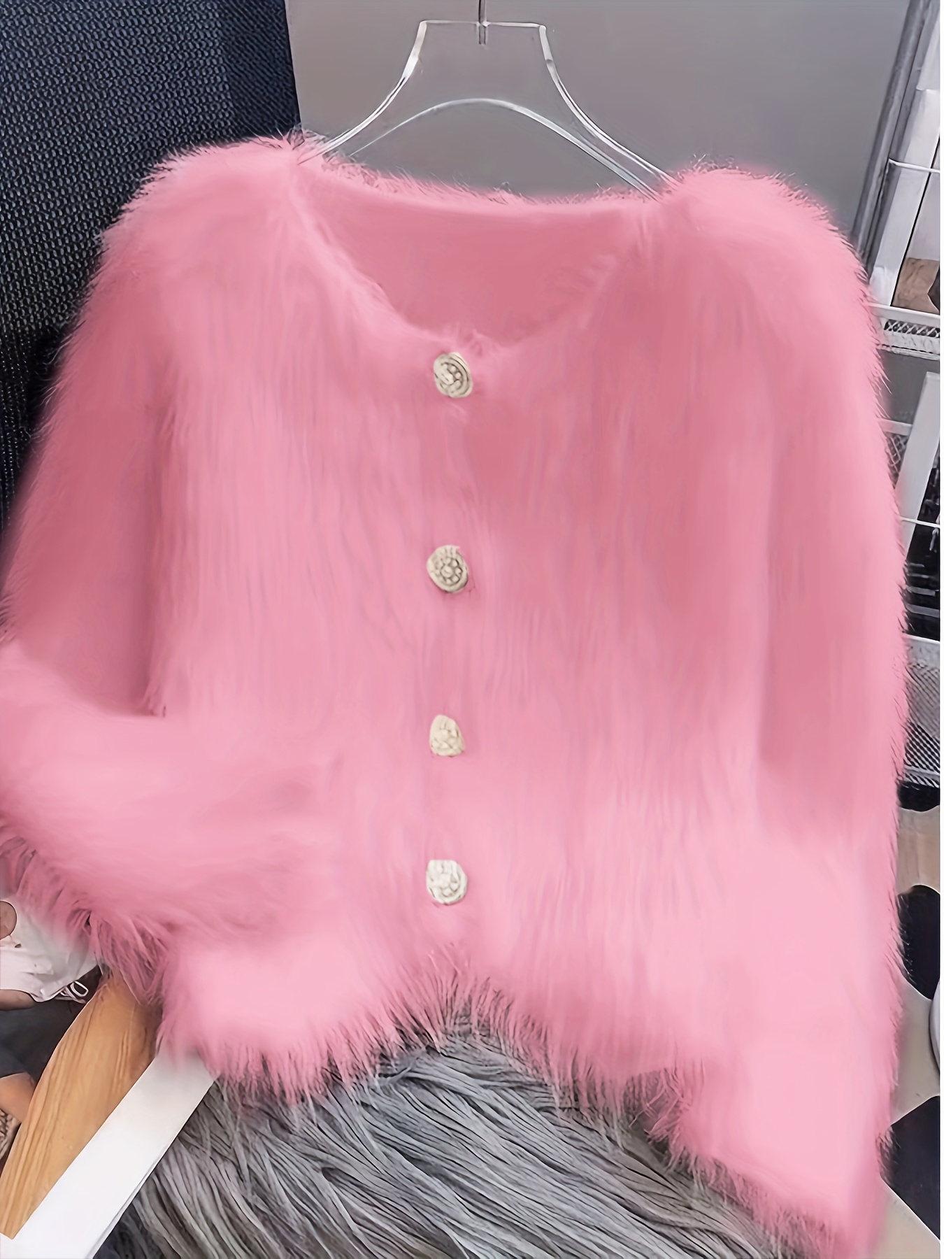 Women's Soft Fleece Jacket - Thick Winter Coat with Fox Fur-Like Collar (No Real Fur), Elegant Pink Button-Front Cardigan, Long Sleeve Round Neck Sweater for Fall/Winter, Casual to Formal Wear (Hand Wash/Dry Clean) - Faux Fur Outerwear