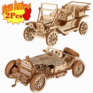 [Mechanical Car Model Kit] 2pcs Wooden 3D Adult Mechanical Car Model Kit - Brain Teaser Puzzle, Non-Toxic, Educational, Vehicle Set Kit, Ideal Gift for Birthday/Christmas, Detailed Construction