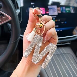 Bling Rhinestone Letter Keychain with Bee Charm & Tassel - Sparkling Suitable for Car Keys or, Initials/Name
