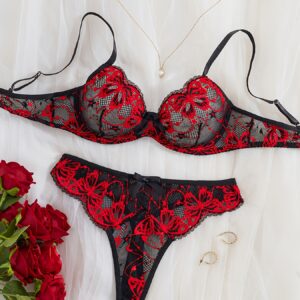 [Lingerie Set] Lingerie Set | Mature Style Butterfly Pattern With Contrast Lace Details
