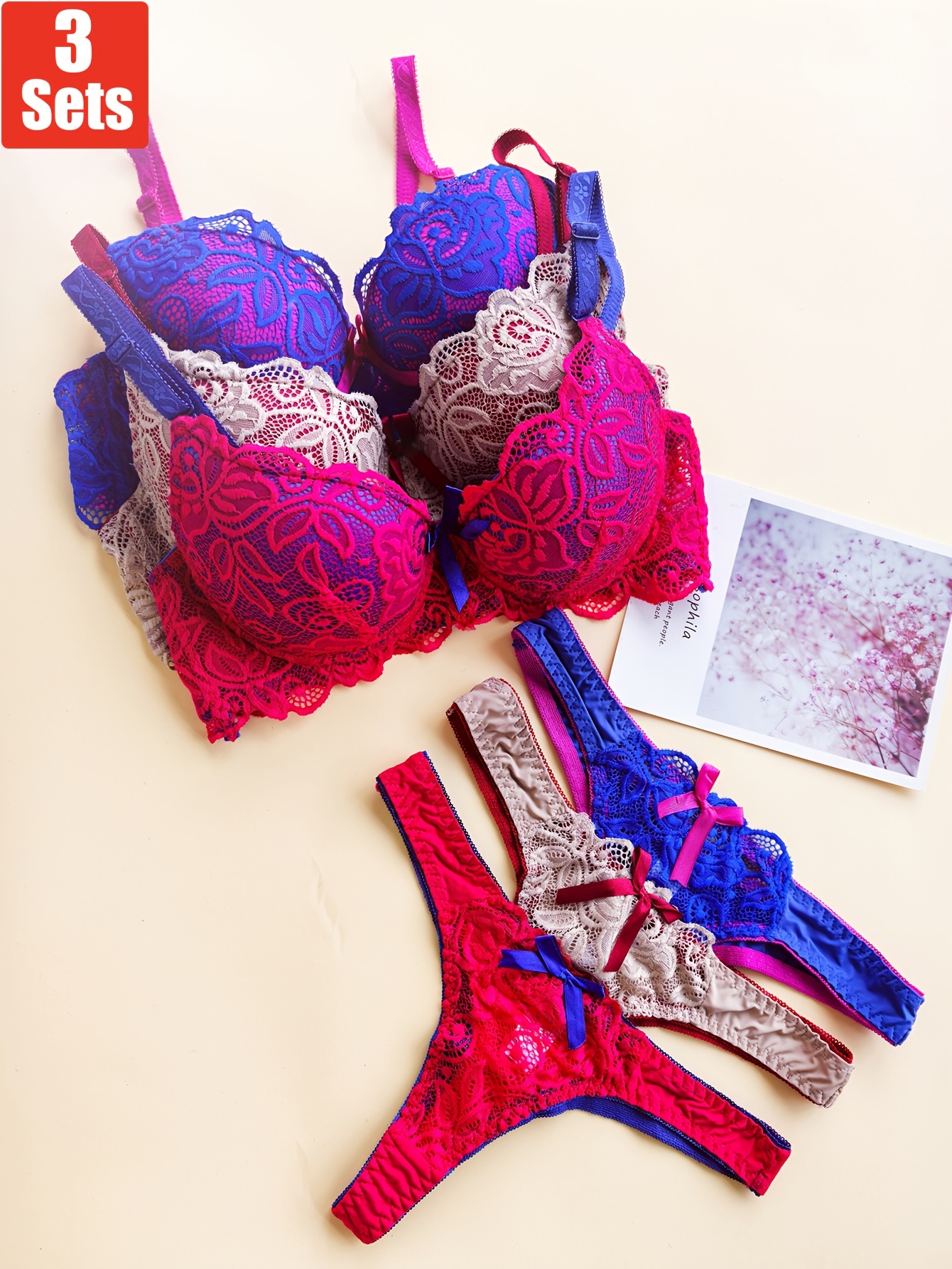 3pcs Set French-Style Women's Low-Rise Bikini Bra & Thong Underwear Set - Full Coverage Matching Color-Block Lingerie, Non-Detachable Pads, Elegant for married/Couple (Hand Wash Only) - FemaleSexy Line Special Collection - Image 2