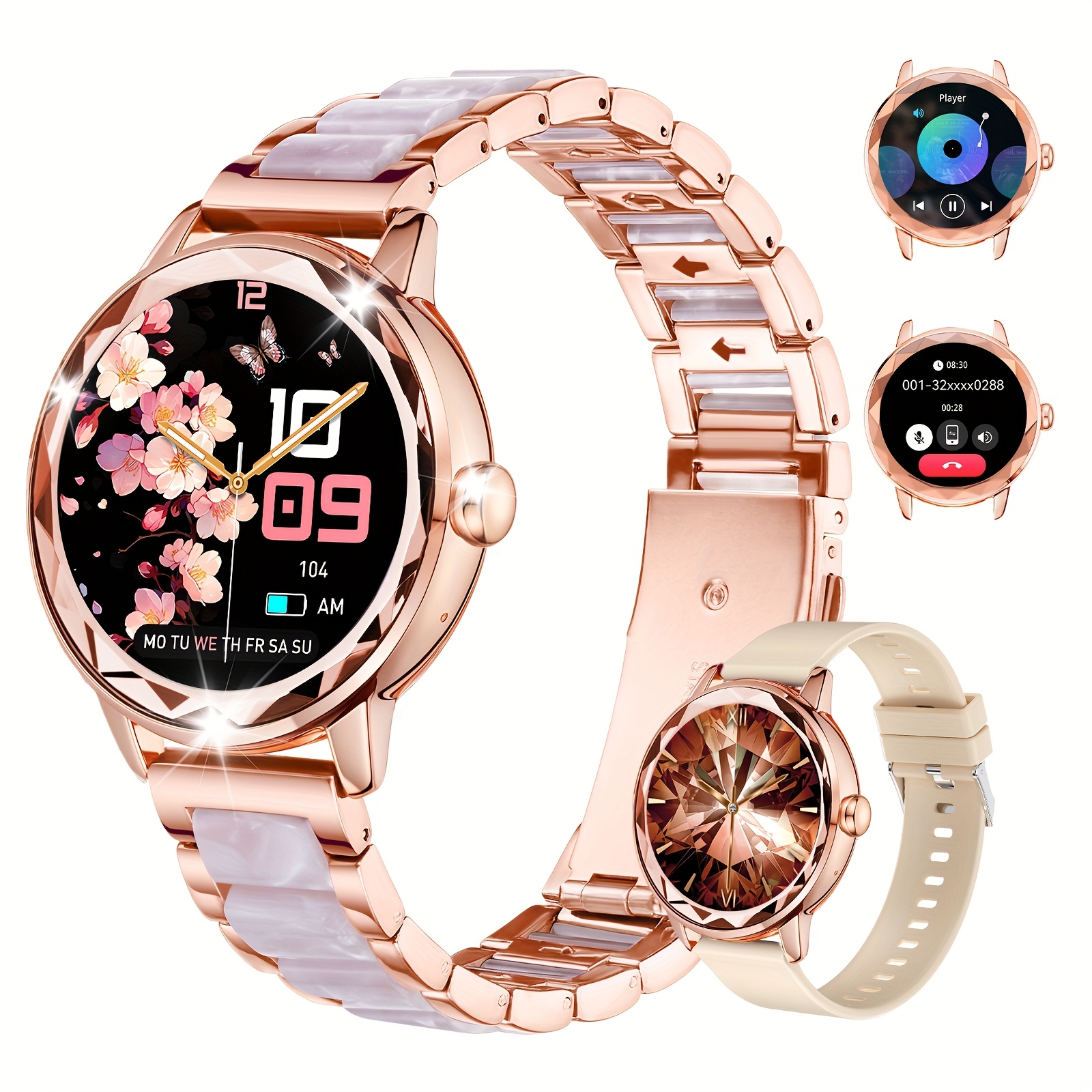 HOMAILIDA Women'S Elegant Smart Watch with Floral Design, Wireless Calls, Messages, Camera Control, Pedometer, Alarm Clock - Rose Golden & White Strap, Magnetic Charging, Perfect Gift for Family & Friends, Smart Watch for Android Phones, Fitness Tracking, Classic Watch Design, Durable Watchband - Image 4