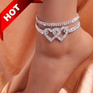 [2pcs Shiny Zirconia Anklet Set] 2pcs Shiny Synthetic Zirconia Double Love Heart Inlay Chain Anklet Set, Beach Foot Jewelry Wedding Accessories