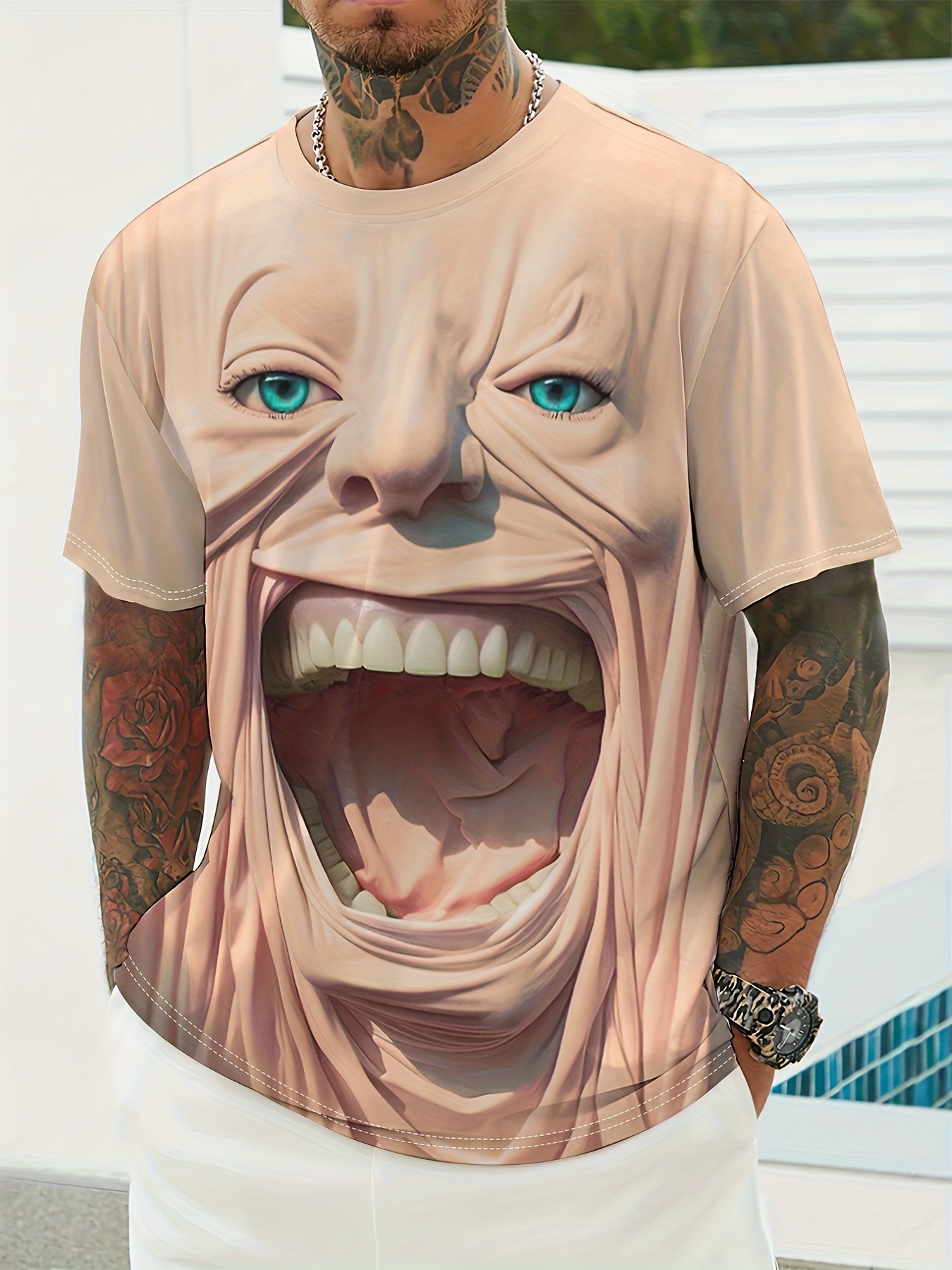 Men'S Graphic Tee - Summer Round Neck Short Sleeve Shirt, Casual Street Style, Lightweight Polyester, Striking Graphic Design, Everyday Wear | Bold Face Art | Lightweight Tee - Image 10