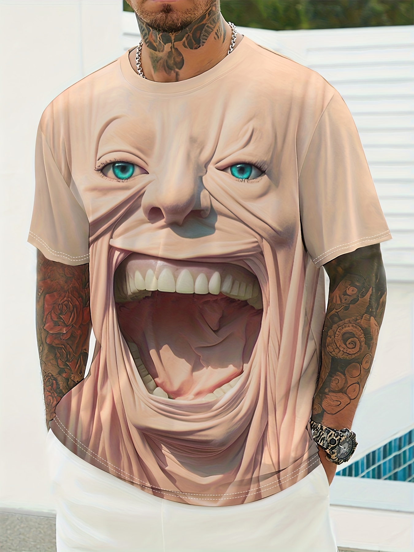 Men'S Graphic Tee - Summer Round Neck Short Sleeve Shirt, Casual Street Style, Lightweight Polyester, Striking Graphic Design, Everyday Wear | Bold Face Art | Lightweight Tee - Image 3