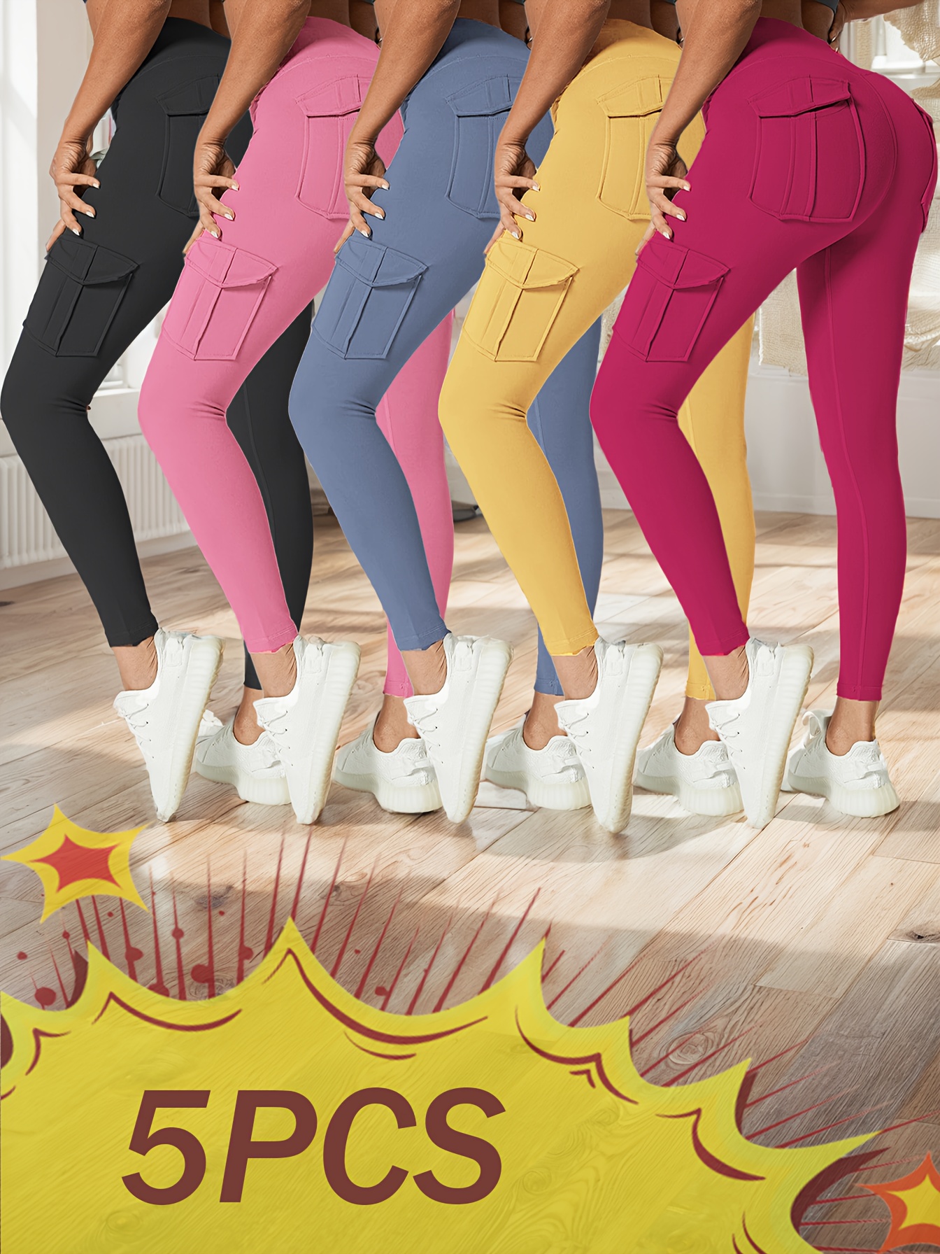 5pcs High Waist Yoga Leggings with 4 Pockets, Multipack Butt Lifting Tummy Control Workout Running 4 Way Stretch Cargo Sports Pants, 5pcs Leggings Set - Image 2