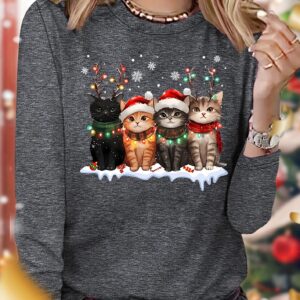 Women'S Christmas Cat Print Long Sleeve T-Shirt - Cozy Round Neck Casual Top with Festive Holiday Design, Medium Stretch Fabric, Sizes S-XXL for Casual Attire & Holiday Outfits