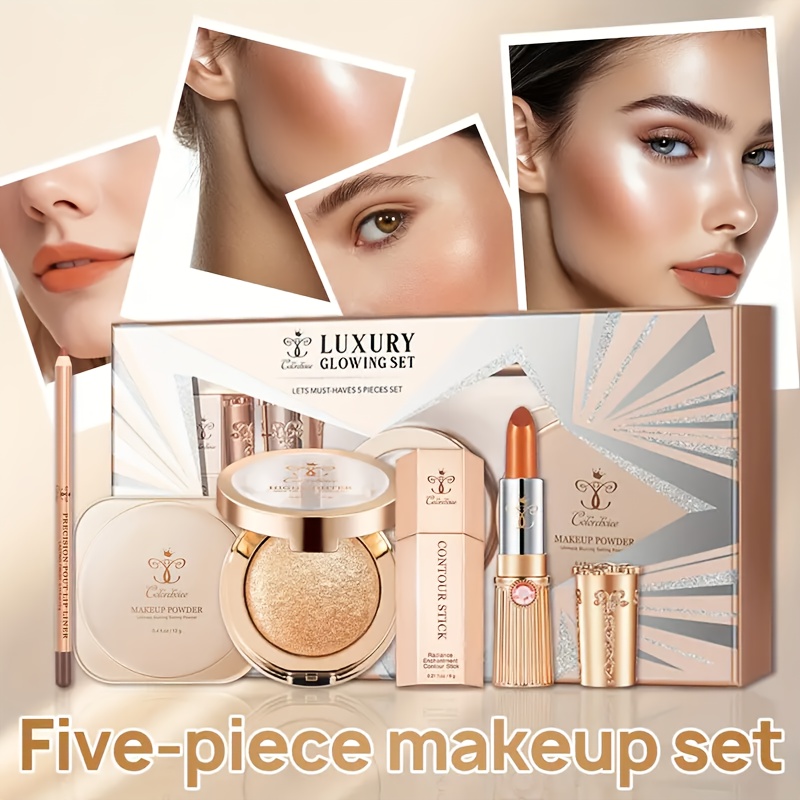Makeup Five-Piece Set: Lip Gloss, Eyebrow Pencil, Shading Pen, Face Powder, Lip Liner-Perfect Makeup Essential-Suitable for Beginners And Professionals-Best Christmas/ Valentine's Day/ Anniversary Gifts - Image 5