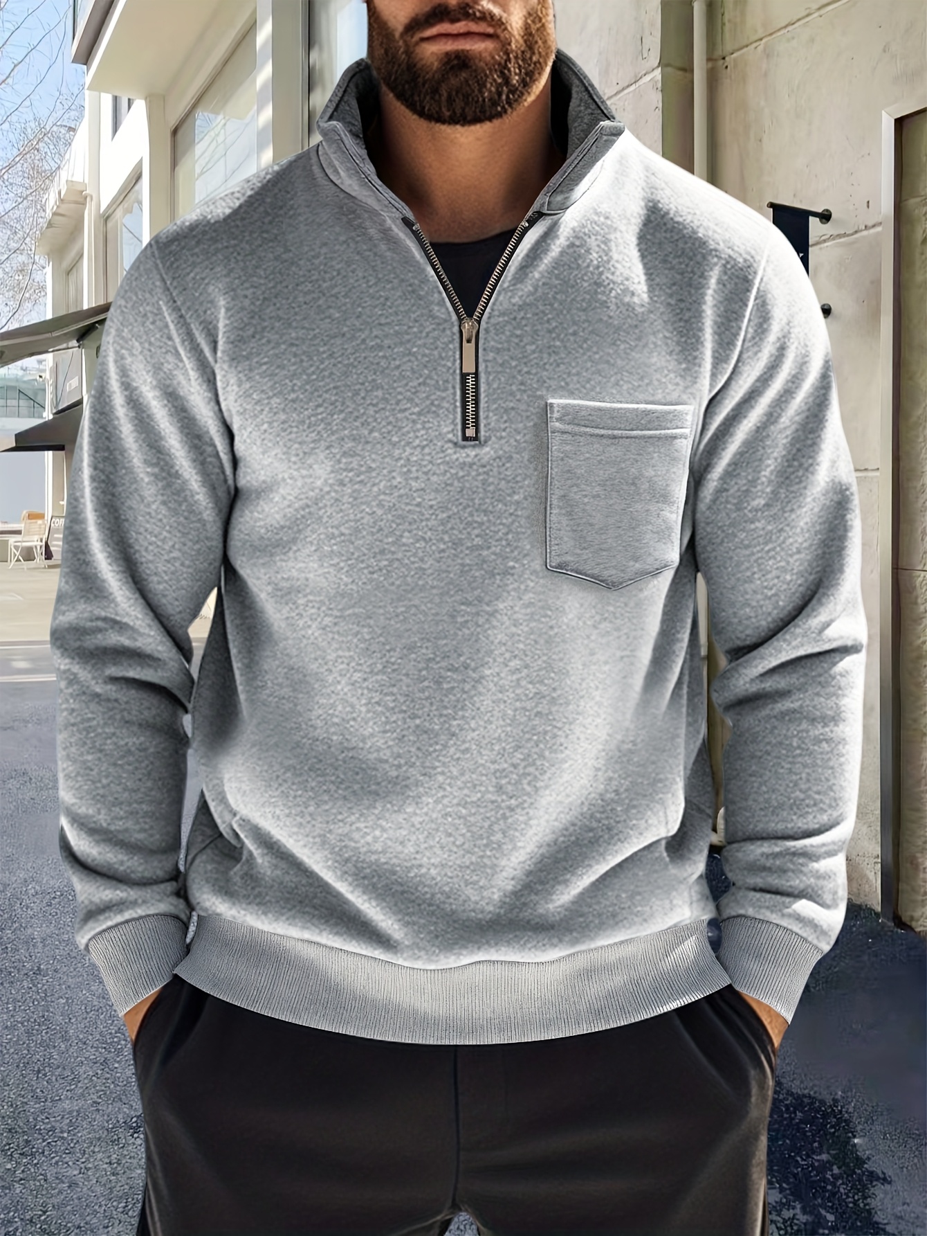 Men'S Thickened Long-Sleeve Shirt - Half-Zip, Versatile Long-Sleeve Polo Shirt, Casual And Adaptable, Featuring a Chest Pocket, Suitable for Autumn/Winter. - Image 2