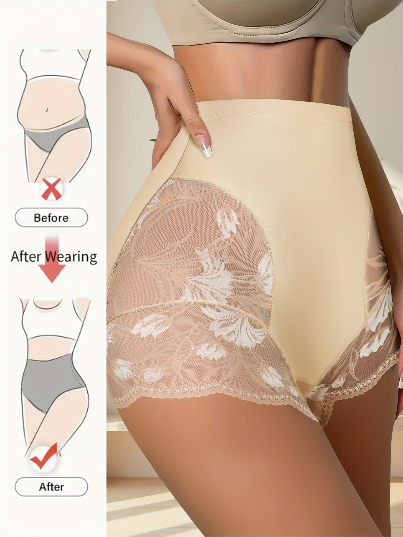 3pcs QUASTI Women's High-Waisted Tummy Control Underwear - Butt-Lifting Shaping Briefs with Lace Trim, Opaque Full Coverage Shaping Panties, Tummy Control & Posture, No Padding (Triangle Cut) for Casual Attire (Sensitive Beige) - Image 4