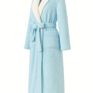 [Cozy Fleece Robe Dress] QEILS Soft Plush Fleece Women's Light Blue V-Neck Long Sleeve Robe Dress | Quick-Dry & Absorbent, Elegant Belted Design for Home, Hotel, or Spa Use, Cozy Fleece Fabric