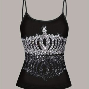 Diamond Crown Print Black Spaghetti Strap Tank Top | Elegant, Machine Washable, Ideal for Summer Daily Wear and Dates