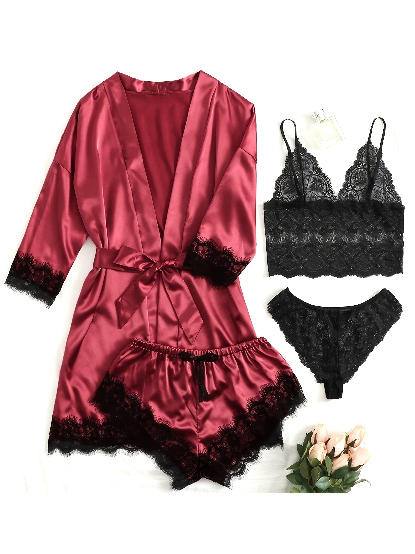 Ladies' Pajamas Homewear Bathrobe Five-Piece Set Multi-Color No Figure, Sexy, Solid Color, Contrast Lace, No Padding, with Belt, for Adult - Image 2