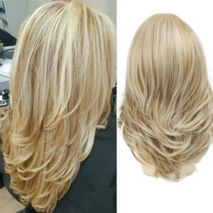Blonde Wigs for White Women with Blonde Highlights - 18" Medium Length Layered Wavy Synthetic Hair Wig, Heat Resistant Natural Light Blonde Wigs Suitable for party, daily, Cosplay - Net for all Light Beige Tones & Hair Replacement