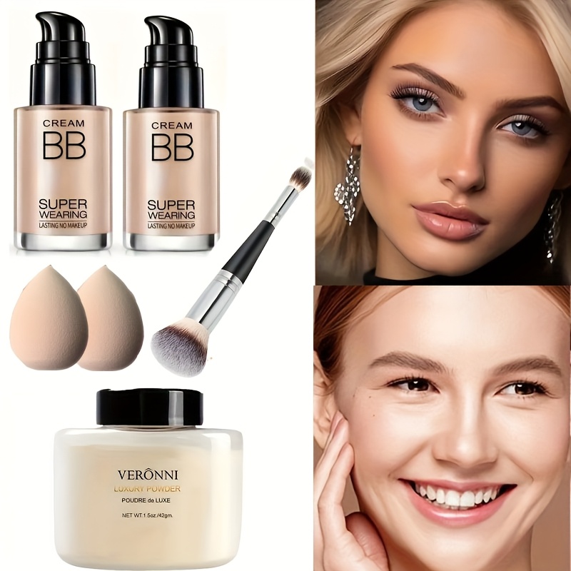 2pcs BB Cream And Setting Powder Set with Makeup Accessories Winter Moisturizing Concealer Translucent Oil-Free Matte Setting Powder Long-Lasting Makeup Women's Cosmetics Set Halloween, Christmas Holiday Gift - Image 5