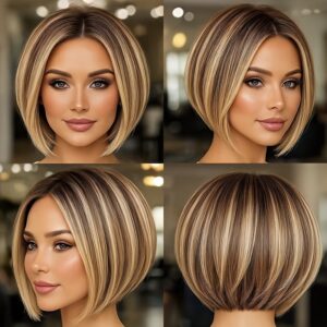 Women'S 8Inch 150%-Density With 13x4 HD Lace Area Mixed Color Human Straight Hair Bob Wig Ombre Brown, Brown Golden Gradient Highlights A Deep Brown Background To Create Delicate Hair Texture For Party & Casual Attire