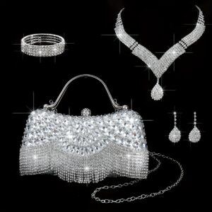 4pcs Set - Noble, Elegant and Shiny Necklaces, Earrings, Bracelets and Rings - Portable and Crossbody Lady's Dinner Bag for Parties, Weddings, Balls, and Luxurious Water-brick Evening Gowns