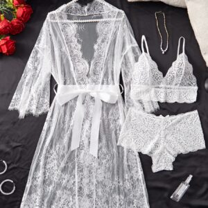A Lingerie Robe Set Featuring Eyelash Lace Wave Decorations, Ribbons, a Perfectly Paired Two-Piece Outfit, And a Beautifully Designed Kimono Bathrobe.