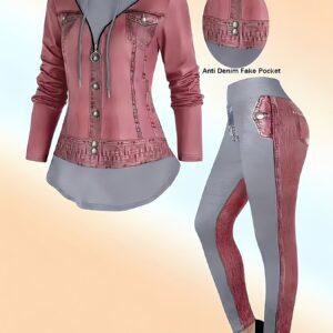[Printed Pants - Not Denim Fabric] Trendy Imitation Denim Print Hooded Long-Sleeve T-Shirt and Pants Set for Women
