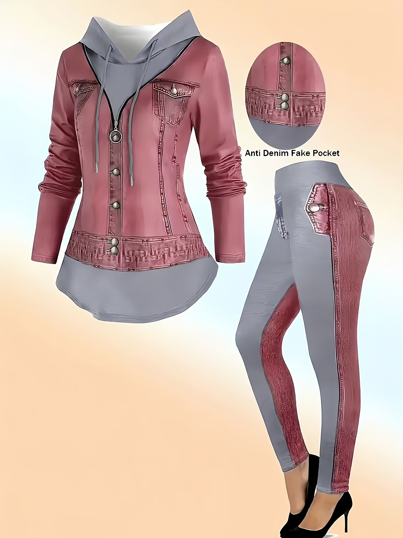 [Printed Pants - Not Denim Fabric] Trendy Imitation Denim Print Hooded Long-Sle…