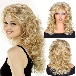 20" Long Blonde Curly Wavy Hair Wig with Bangs for Women - Fluffy Soft Synthetic Fiber, Body Wave Texture, Y2K Style, Elastic Cap, Perfect for Casual Attire or Special Occasions, Hair Wig, Fashion Accessory, Playful Style, Comfortable Fit