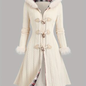 Plus Size, European and American Fashion Plus Size Women's Valentine's Day Y2K Twist Plaid Blend Hooded Coat with Horn Buttons Long Cardigan