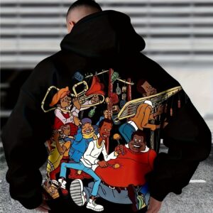 3D Printed Men's Hooded Drop Shoulder Novelty Long Sleeve Sweatshirt with Cartoon Pattern, Fashionable Streetwear, PLUS SIZE