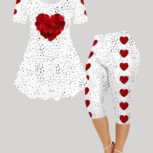 Women's 3D Romantic Rose Print Valentine's Day Fashion Short Sleeve Capri Pants Set