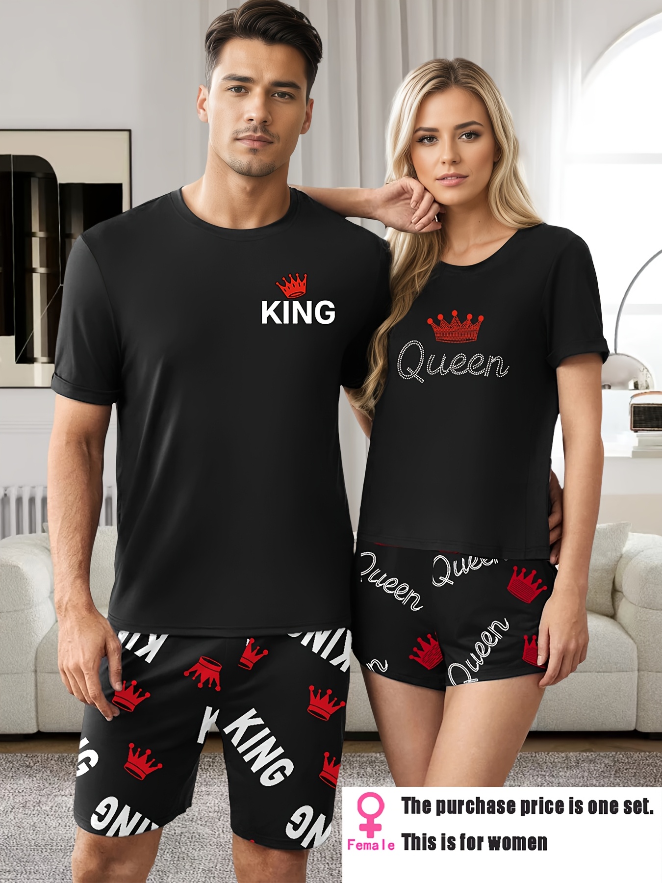 MEN/WOMEN Couple Style King & Queen Letter Print Men's Short Sleeve Shorts Loungewear Set or Women's Short Sleeve Shorts Loungewear Set, Men's Set or Women's Set, 1 Set - Image 2