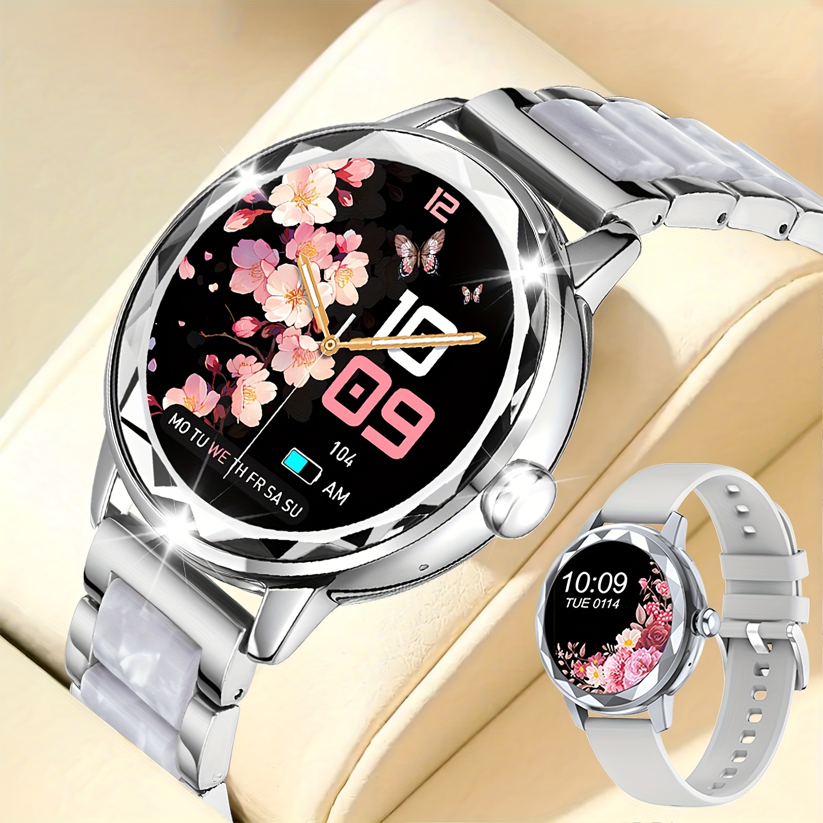 HOMAILIDA Women'S Elegant Smart Watch with Floral Design, Wireless Calls, Messages, Camera Control, Pedometer, Alarm Clock - Rose Golden & White Strap, Magnetic Charging, Perfect Gift for Family & Friends, Smart Watch for Android Phones, Fitness Tracking, Classic Watch Design, Durable Watchband - Image 3