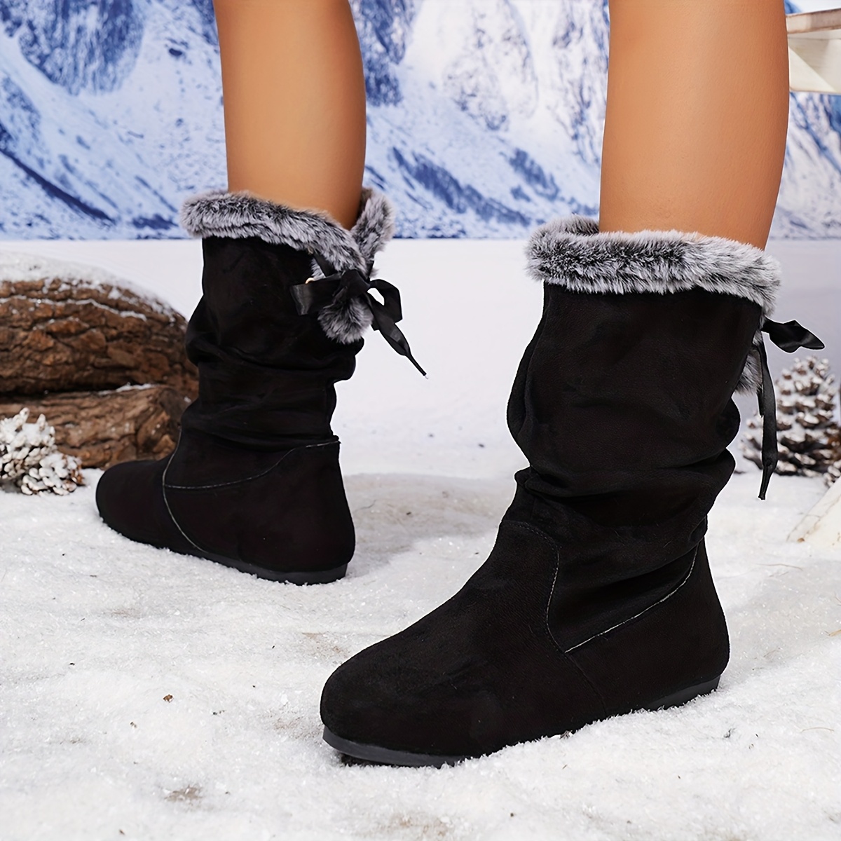 1 Pair Women'S Winter Ankle Boots with faux fur Trim & Bow Detail - Slip-Resistant Rubber Sole, Faux Cover Upper, Round Toe & Plush Lining, Low Heel Winter Boots with faux fur Collar &, Cute Winter Boots - Image 6