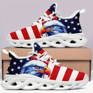 Patriotic Women'S Sneakers Featuring an Eagle Design on The American Flag, Lightweight with Laces, Cushioning, And Durable Soles, Breathable Low-Top Wedge Shoes, Perfect for Wearing on Independence Day in Larger Sizes.