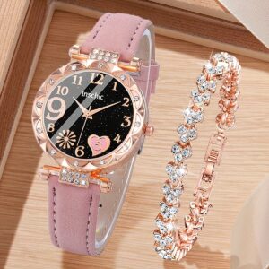 This Is a Set of Two Stylish Quartz Watches Featuring a Rose Golden And Pink Faux Leather Strap, Adorned with Sparkling Rhinestones. The Round Dial Showcases a Heart Design, Making It an Ideal Gift for Valentine'S Day, Birthdays, And Parties
