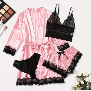 Ladies' Pajamas Homewear Bathrobe Five-Piece Set Multi-Color No Figure, Sexy, Solid Color, Contrast Lace, No Padding, with Belt, for Adult