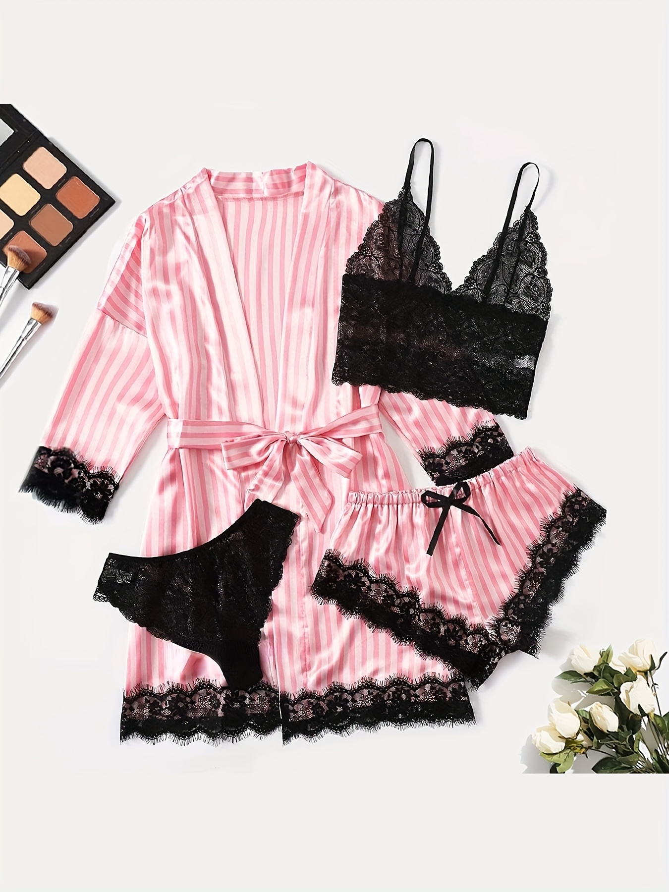 Ladies' Pajamas Homewear Bathrobe Five-Piece Set Multi-Color No Figure, Sexy, Solid Color, Contrast Lace, No Padding, with Belt, for Adult