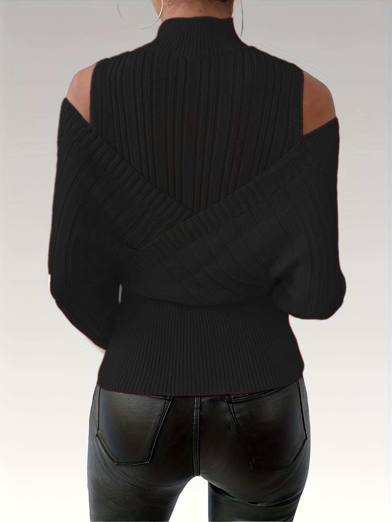 Women'S Elegant Ribbed High-Neck Sweater with Sheer Sleeves - Stretchy Slim Fit Long Sleeve Top for Spring/Fall, Solid Color Casual Chic Pullover for Casual Attire, Spring Fall Apparel, Sleek Design, Highelasticity Fabric - Image 7