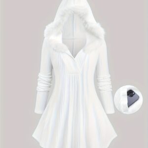 Plus Size - Plus Size Solid Color Surplice Ribbed Textured Fleece Trim Hooded Top